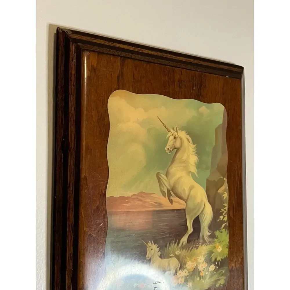 Vintage 1980's Unicorn w/ Baby Foal Lacquered Wood Wall Art 15.5